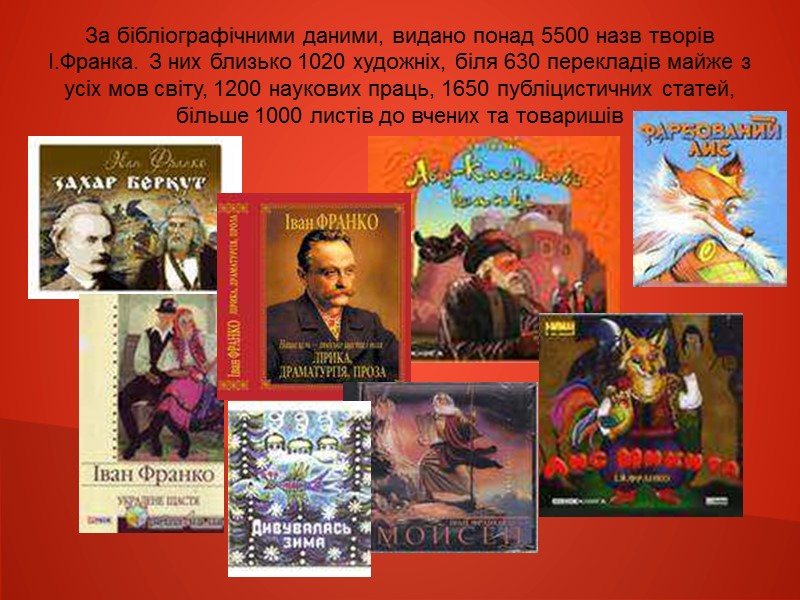 За бібліографічними даними, видано понад 5500 назв творів І.Франка. З них близько 1020 художніх,